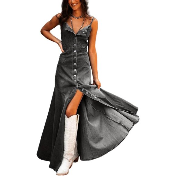 Women's Denim Maxi Dress Smocked Back Spaghetti Strap Button Down A-Line - Picture 2 of 4